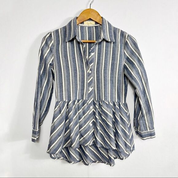 LOVE NOTES Blue Peplum Stripe Button Down Ruffle Long Sleeve Cotton Shirt - Picture 4 of 9